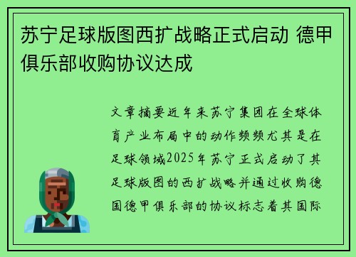 苏宁足球版图西扩战略正式启动 德甲俱乐部收购协议达成